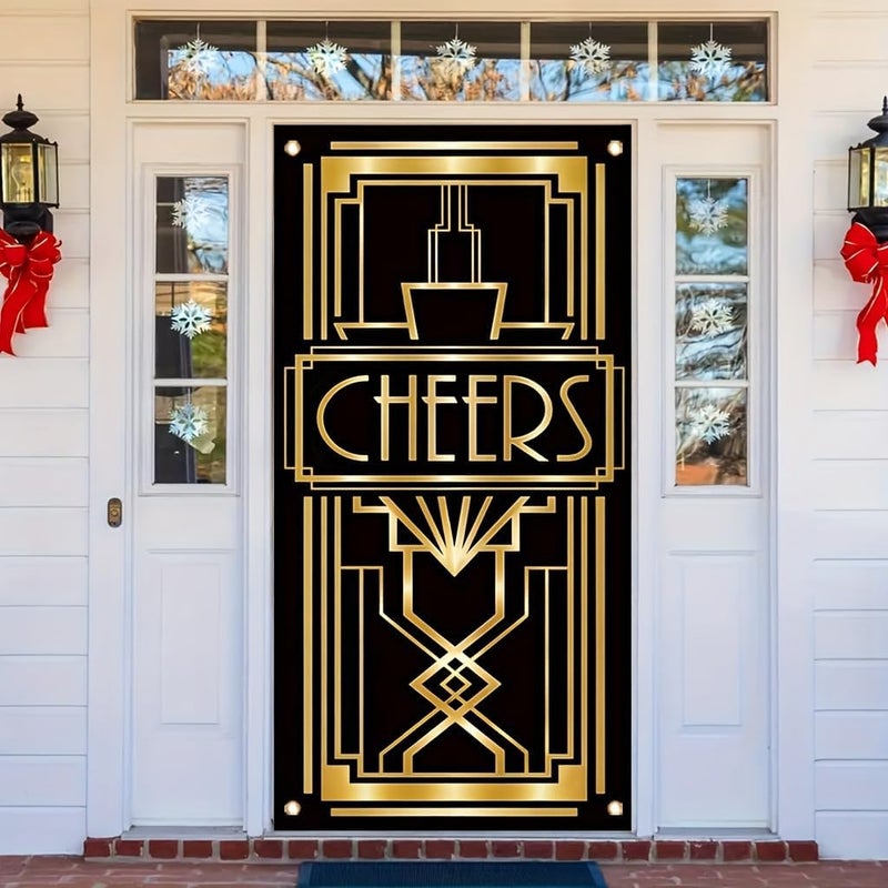 TOMHONG Cheers Door Banner Black and Gold 71x35 Inch Art Deco Party Decoration for New Year Wedding Cocktail Birthday Event Indoor Outdoor Decor - Image 4